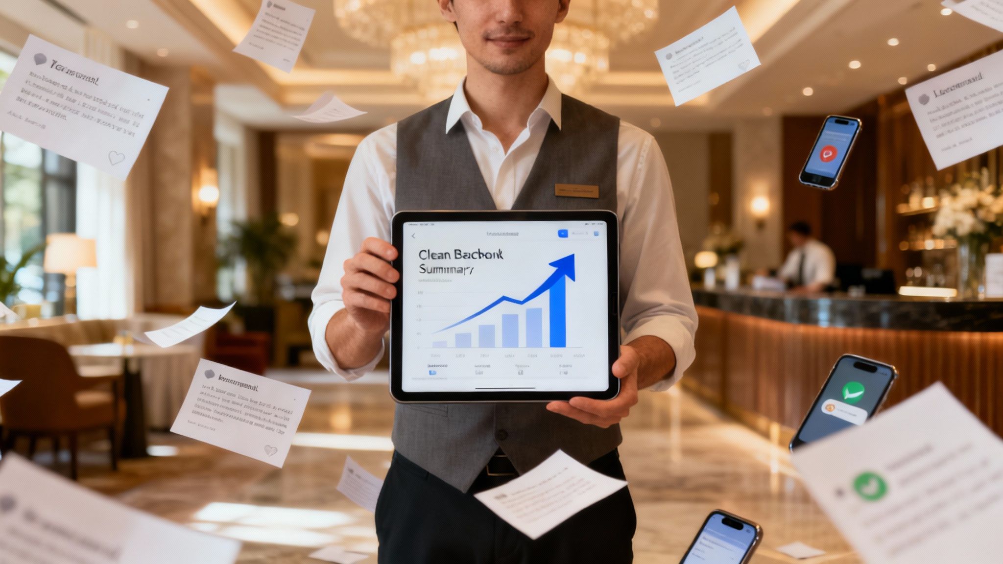 A man holds a tablet with a data summary, surrounded by floating customer feedback and smartphones in a hotel.