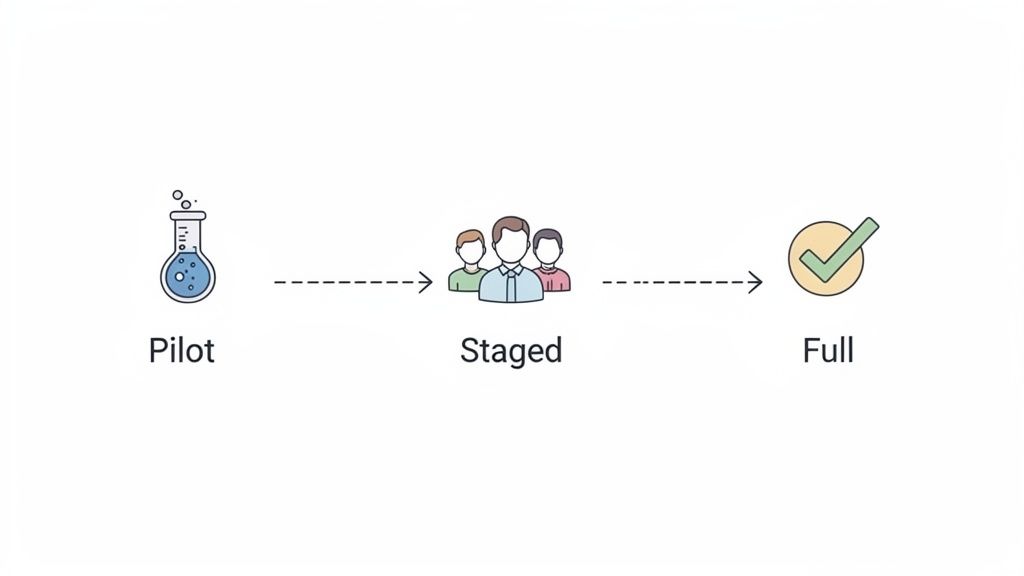 Illustration depicting a staged rollout process with Pilot, Staged, and Full phases, indicated by icons and text.