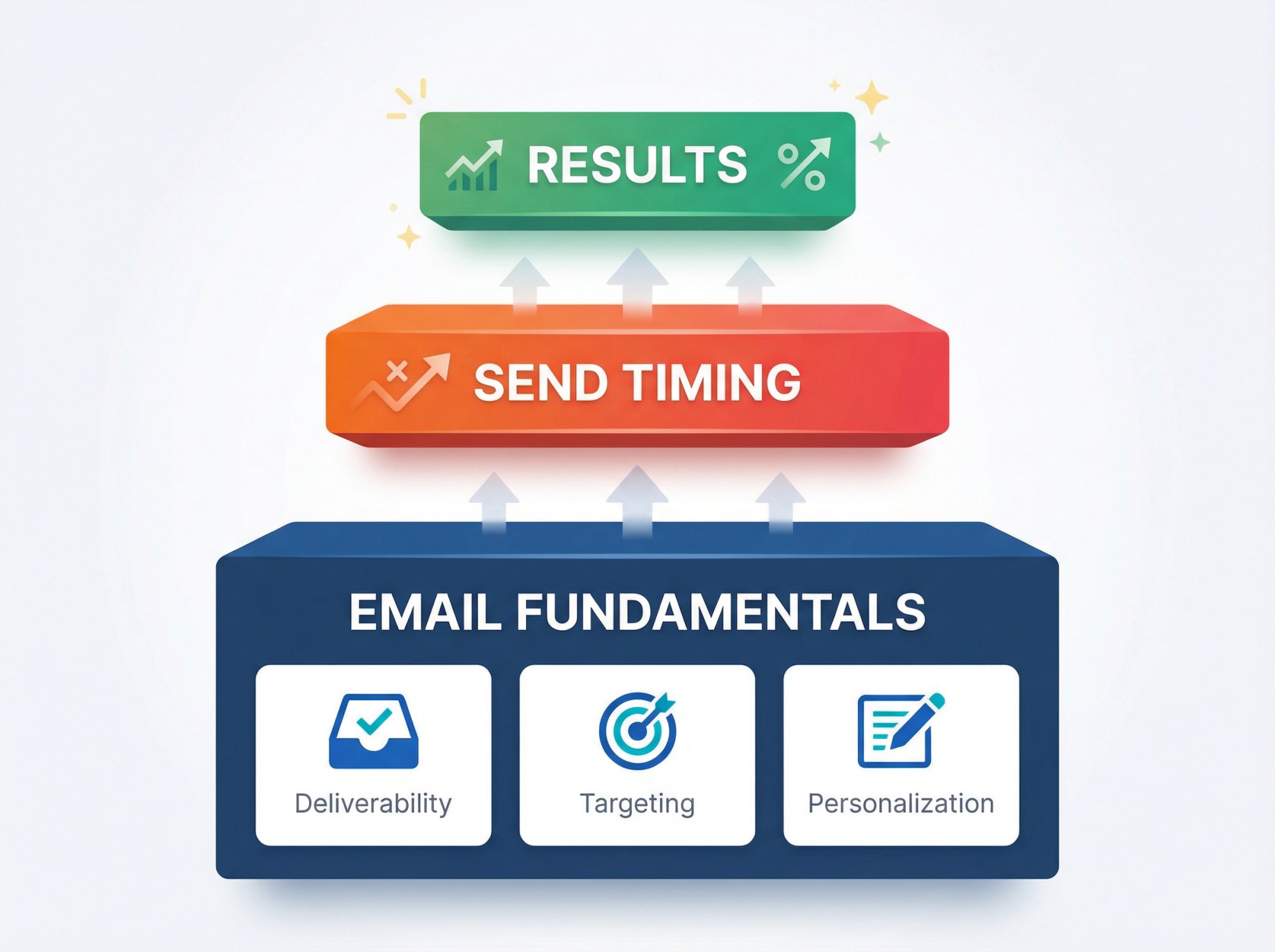 Visual hierarchy showing timing as a multiplier on top of email fundamentals like deliverability and targeting