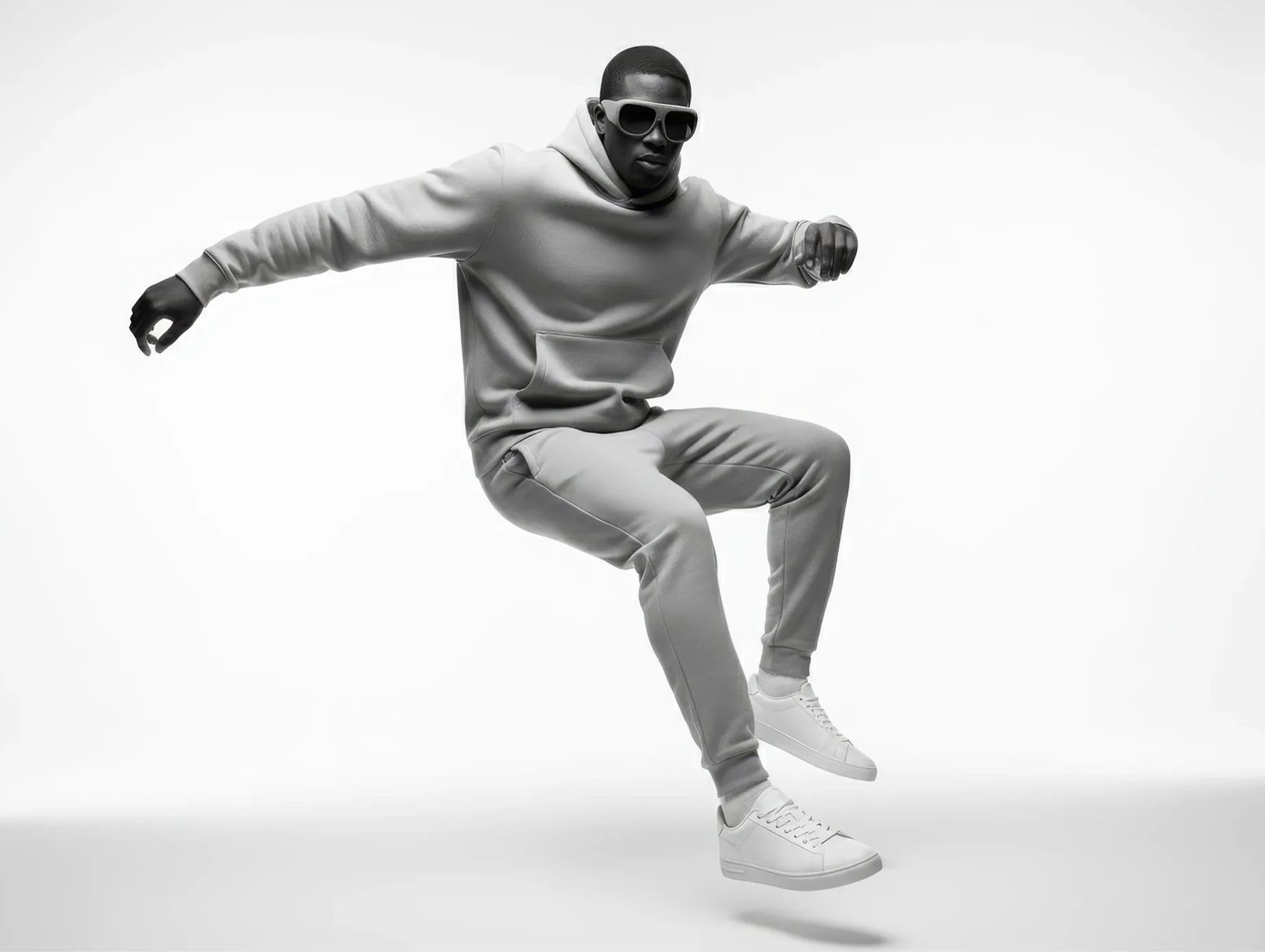 Lifestyle image of a model jumping while wearing Eiiido smart glasses and casual clothing.