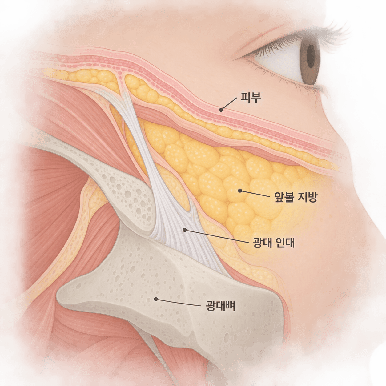광대뼈 앞쪽, 광대 인대와 앞볼 지방이 놓인 자리예요