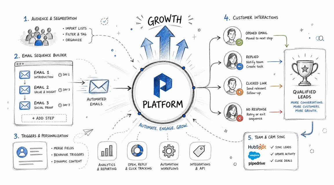 A diagram illustrating an automated email growth platform showing audience segmentation, email sequence building, and lead management.