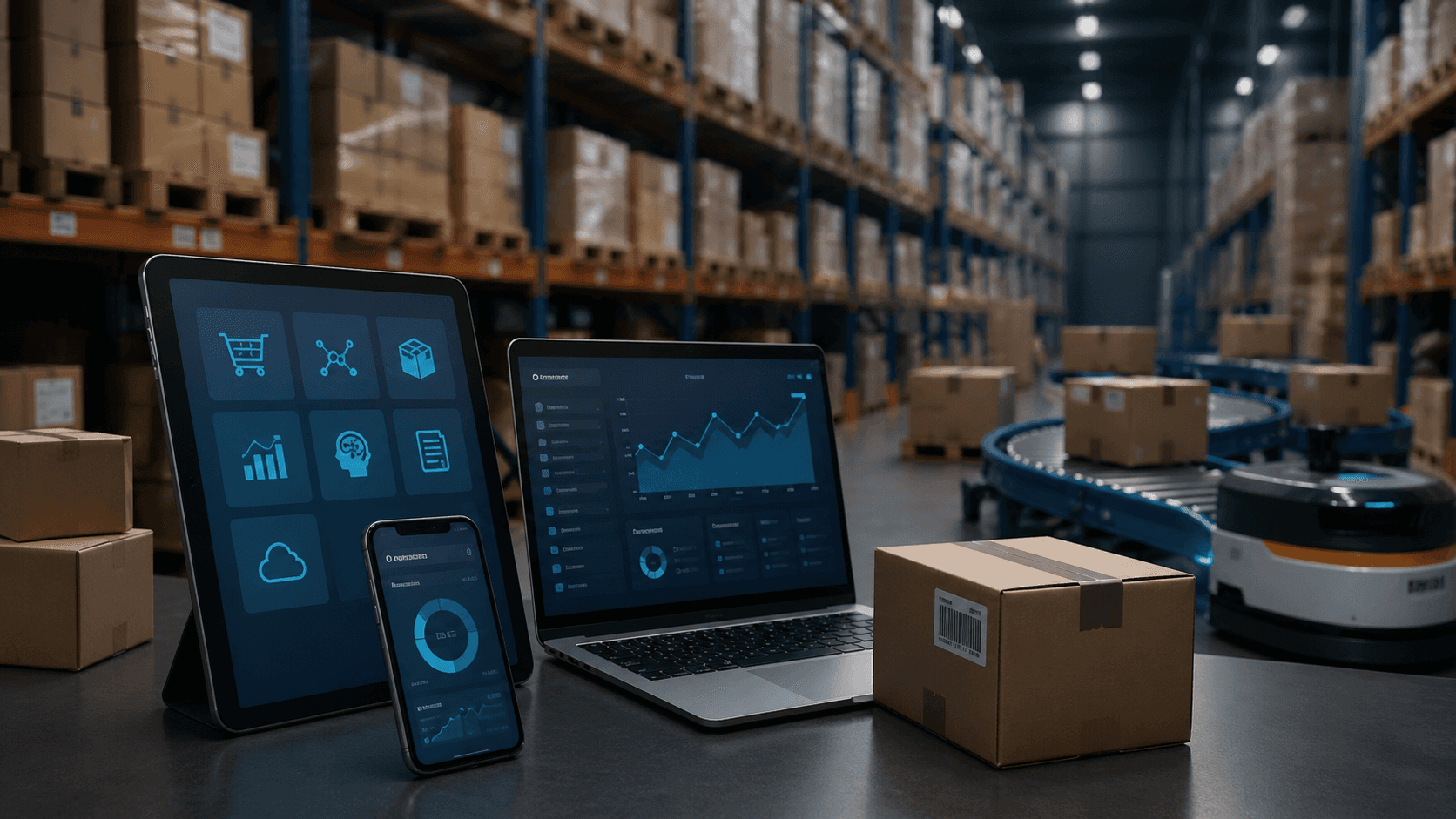 Renderização 3D realista de um armazém logístico moderno, com prateleiras cheias de caixas ao fundo e uma esteira automatizada. Em primeiro plano, um tablet, notebook e smartphone exibem dashboards e interfaces digitais, representando sistemas de vendas e gestão B2B. Não há pessoas nem texto na imagem.