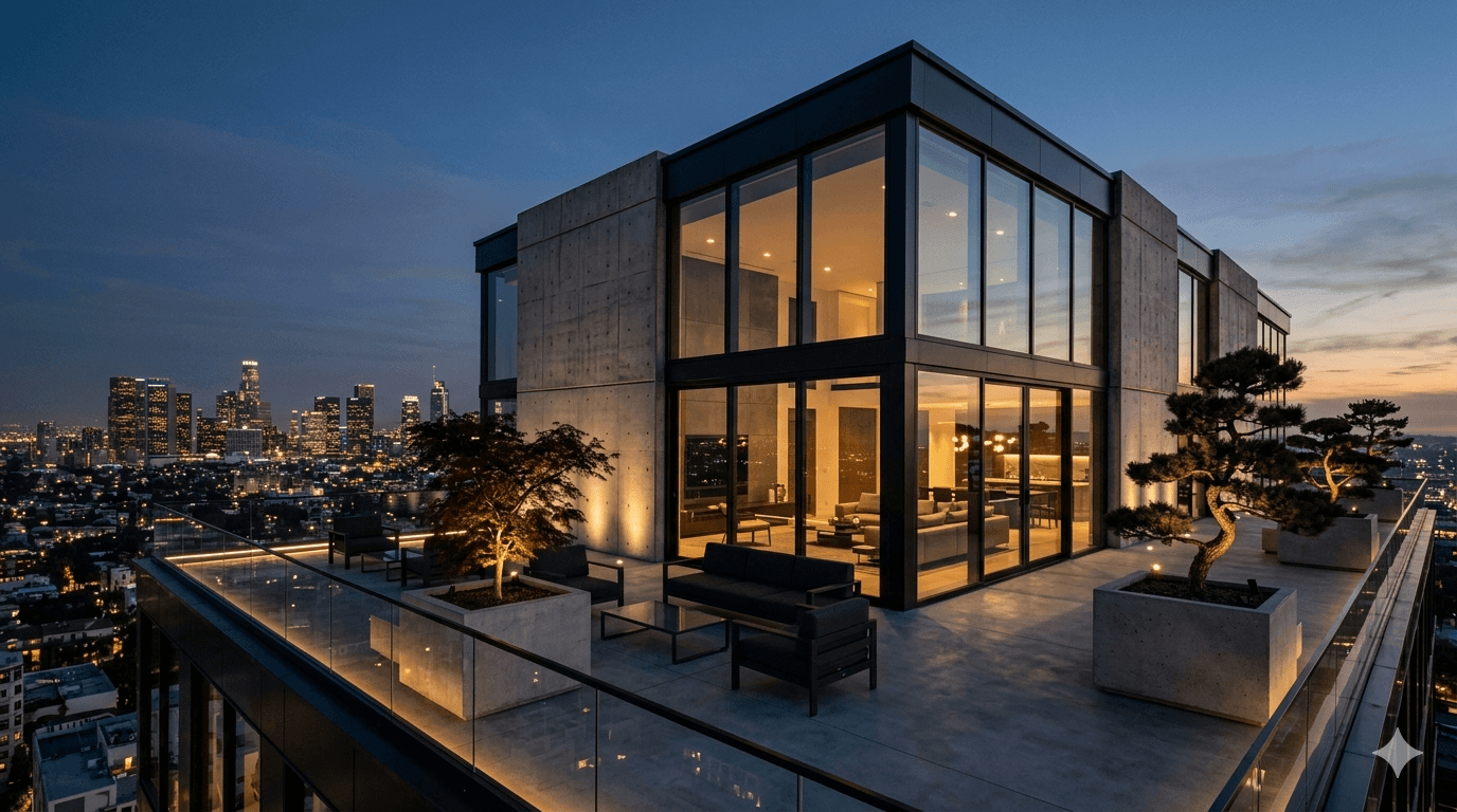 Modern Penthouse large glass windows night view