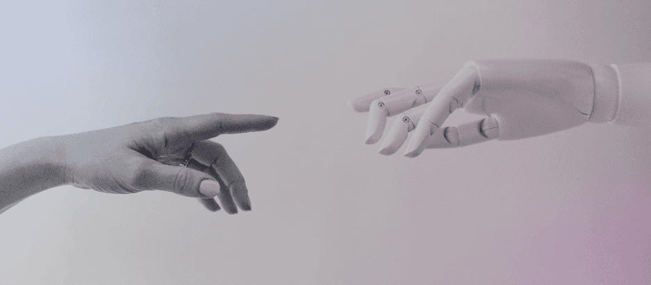 Human hand reaching toward robotic hand symbolizing AI collaboration