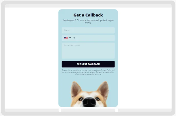 Service-based exit-intent popup template by Claspo for a customer support page featuring a “Get a Callback” request form to improve lead retention and user experience