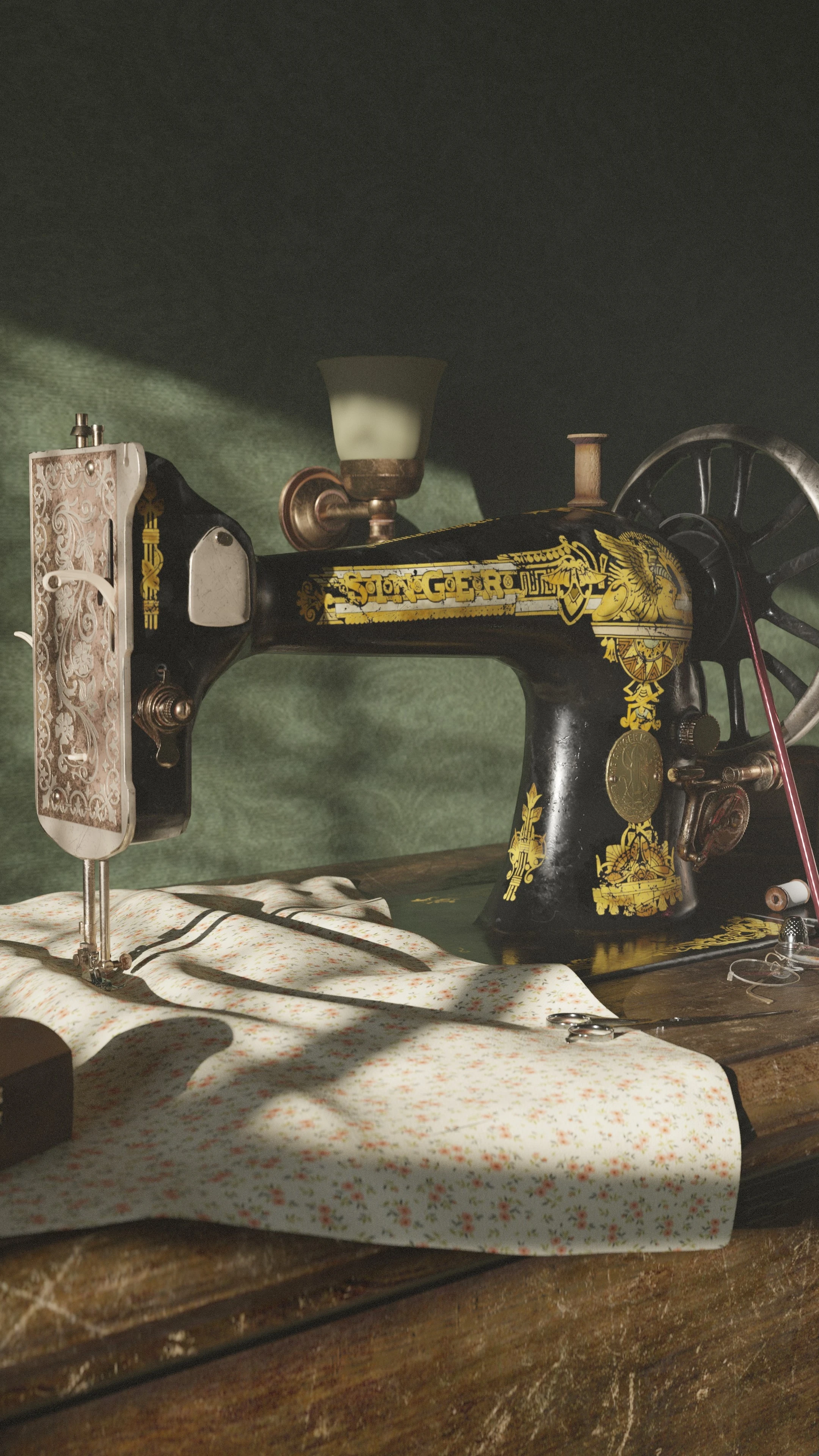 Rendu 3D complexe d'une machine à coudre Singer antique noire et dorée posée sur une table en bois texturé.