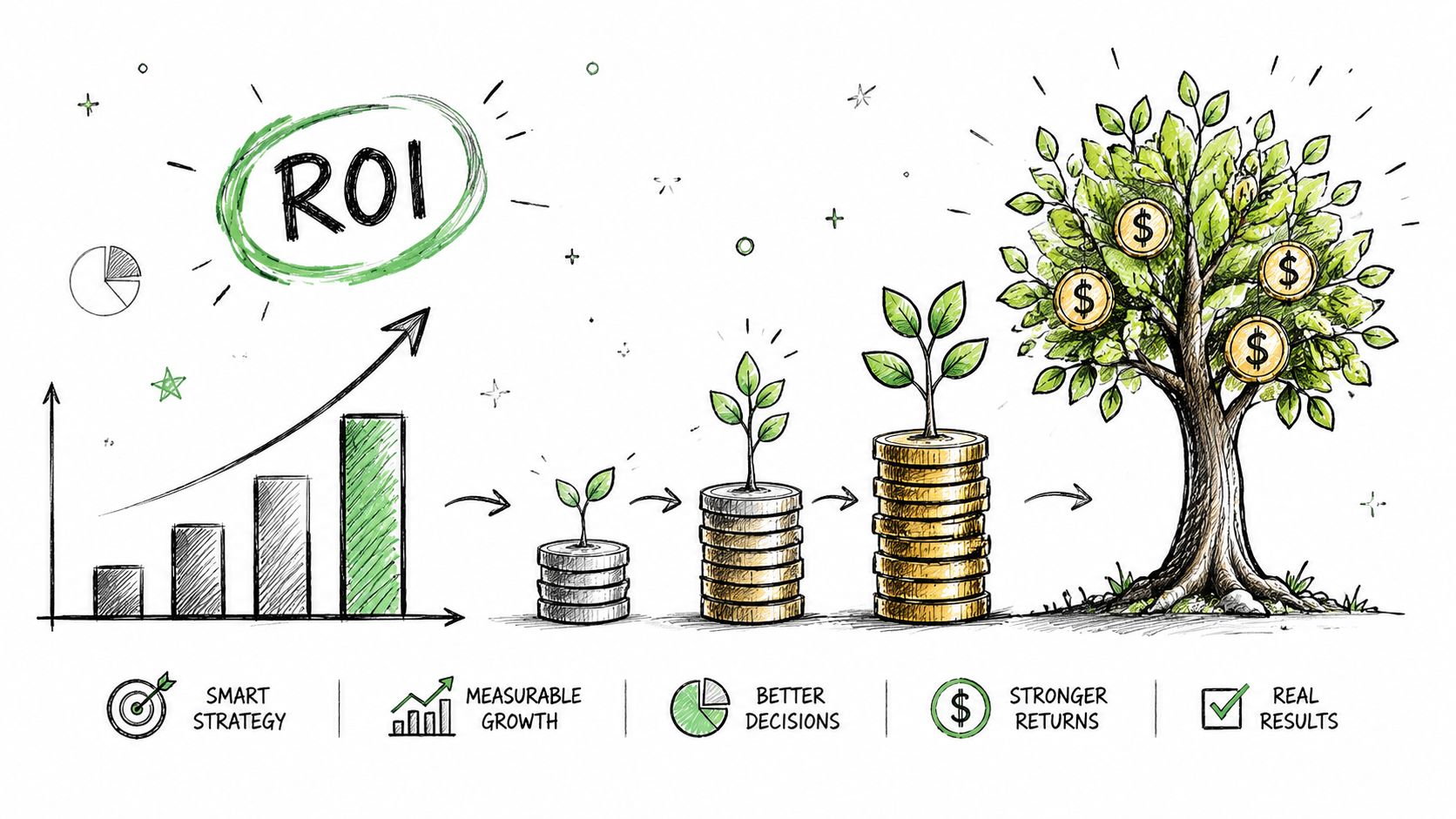 A hand-drawn illustration showing the process of business growth from strategy to achieving return on investment.