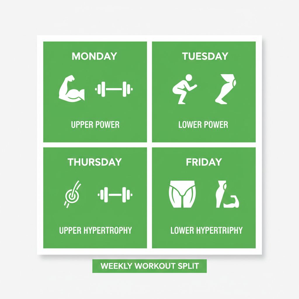 PHUL 4-day workout split schedule showing power and hypertrophy training days