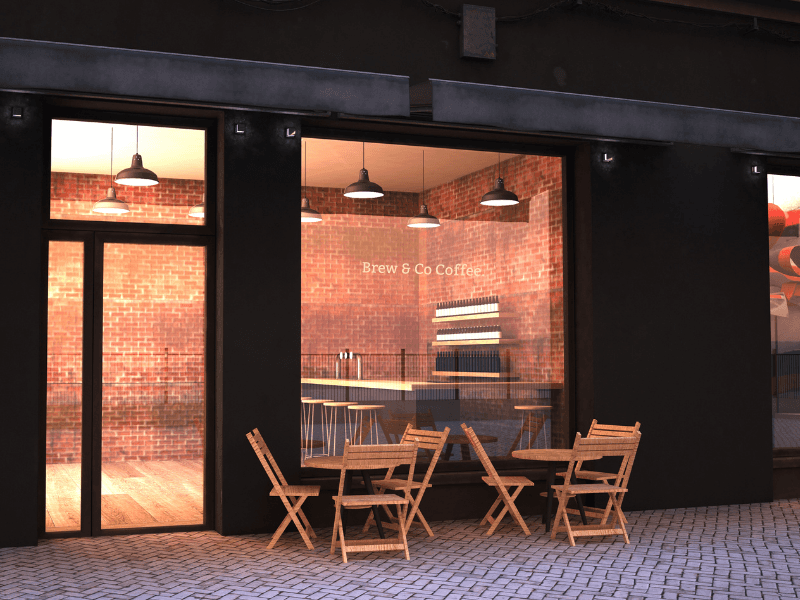 A café window with a brand logo