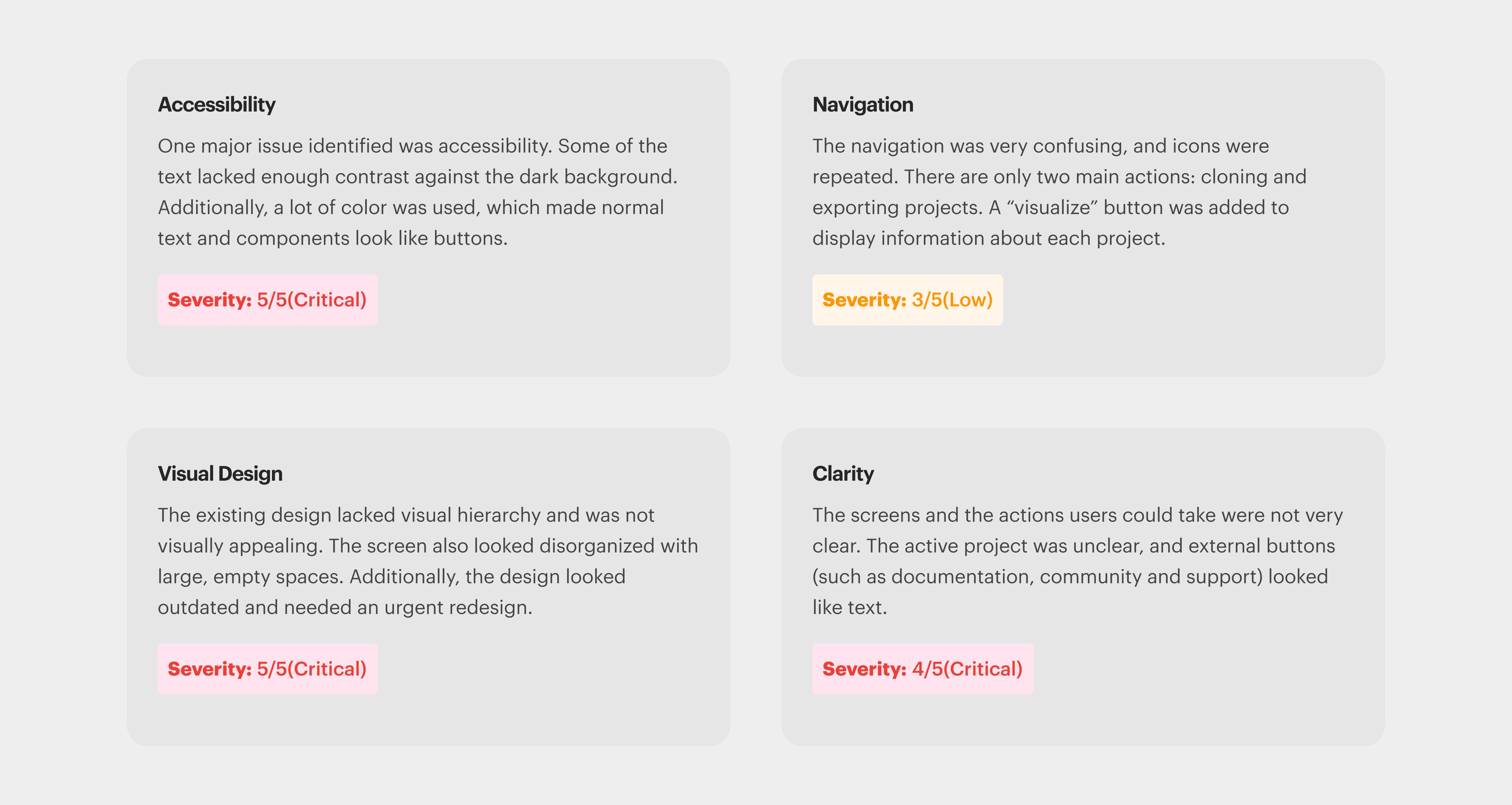UX audit of the existing plugin design, highlighting inconsistencies, visual hierarchy issues, and accessibility gaps.