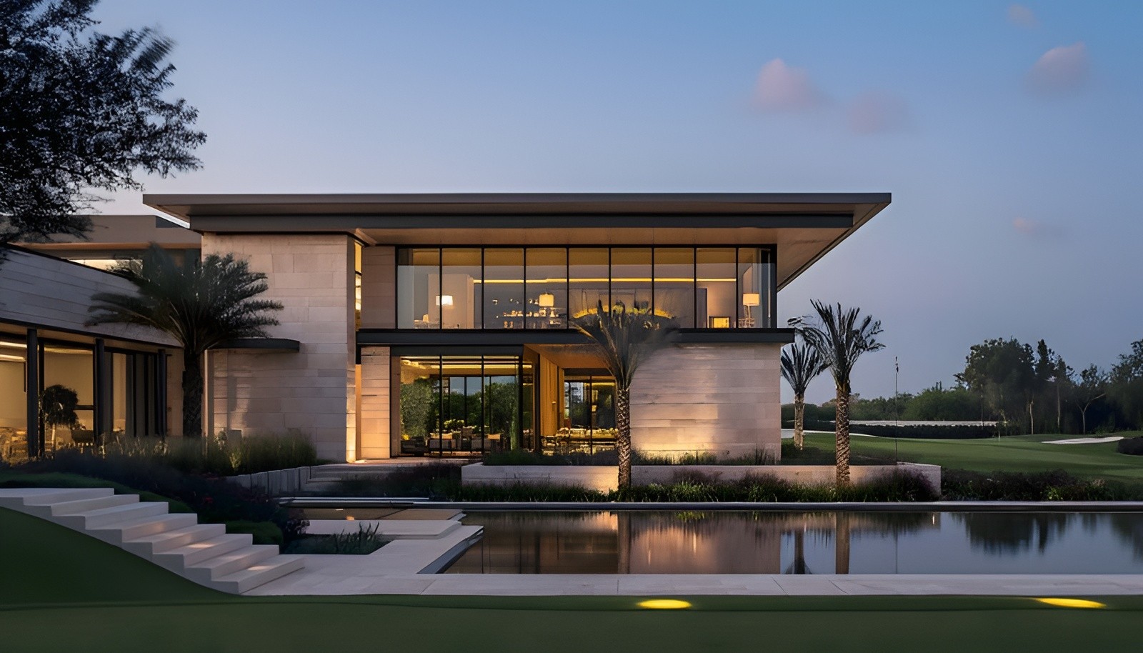 Modern villa with a pool and garden at dusk, located in Equestra at Grand Polo, showcasing elegant architecture.