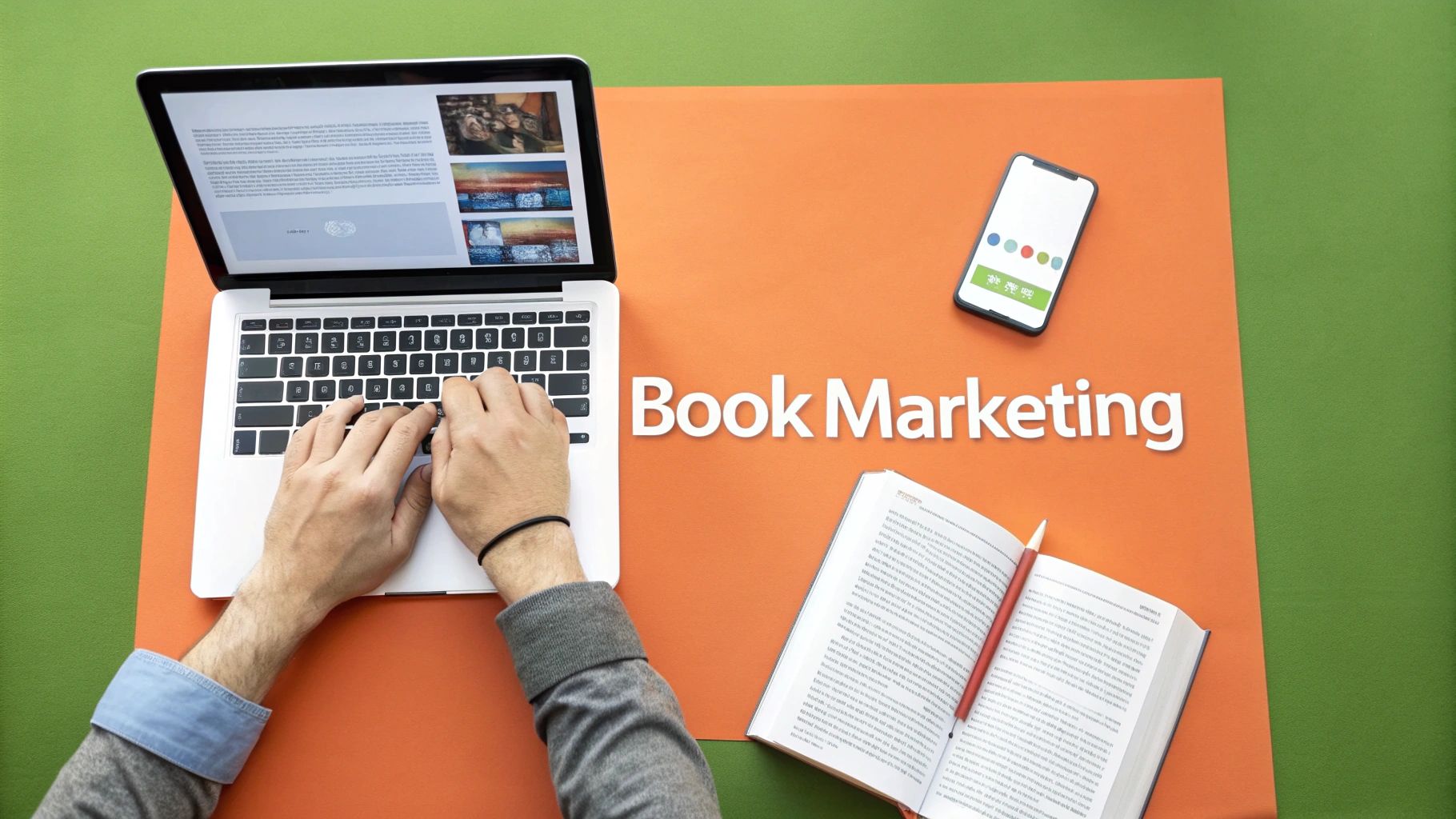 Overhead shot of a person typing on a laptop, with 