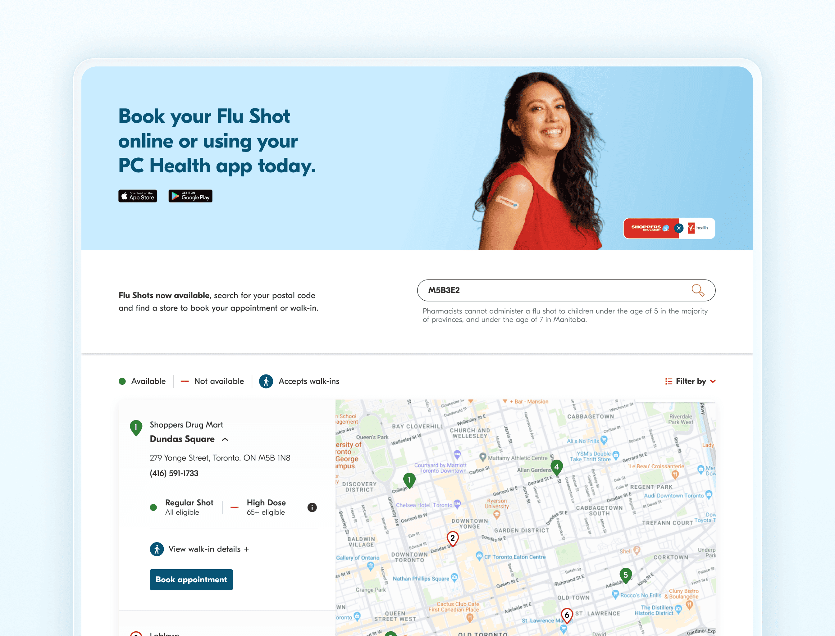 Flushot ui, shoing the store list and map interface.