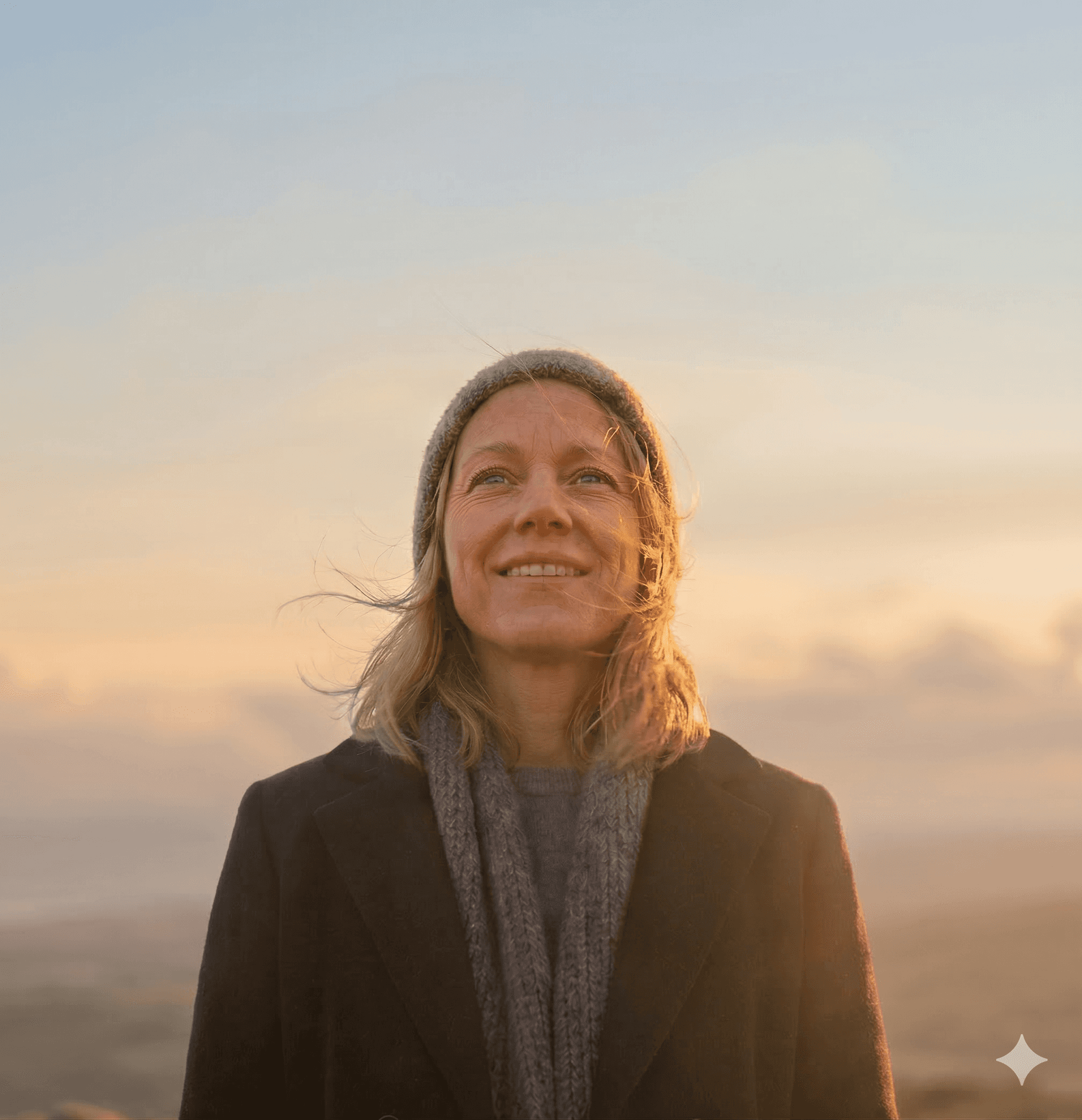 Vrouw kijkt hoopvol naar de horizon in warm zonlicht