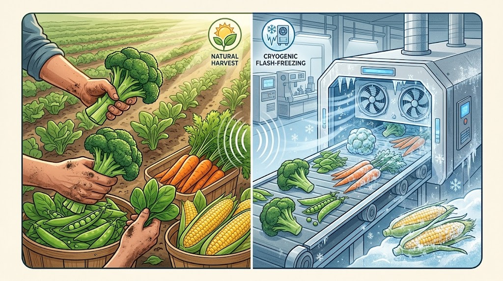 A comparative illustration showing hands harvesting fresh broccoli and corn on a farm next to a factory machine rapidly freezing vegetables using cryogenic flash-freezing technology to preserve nutrients.