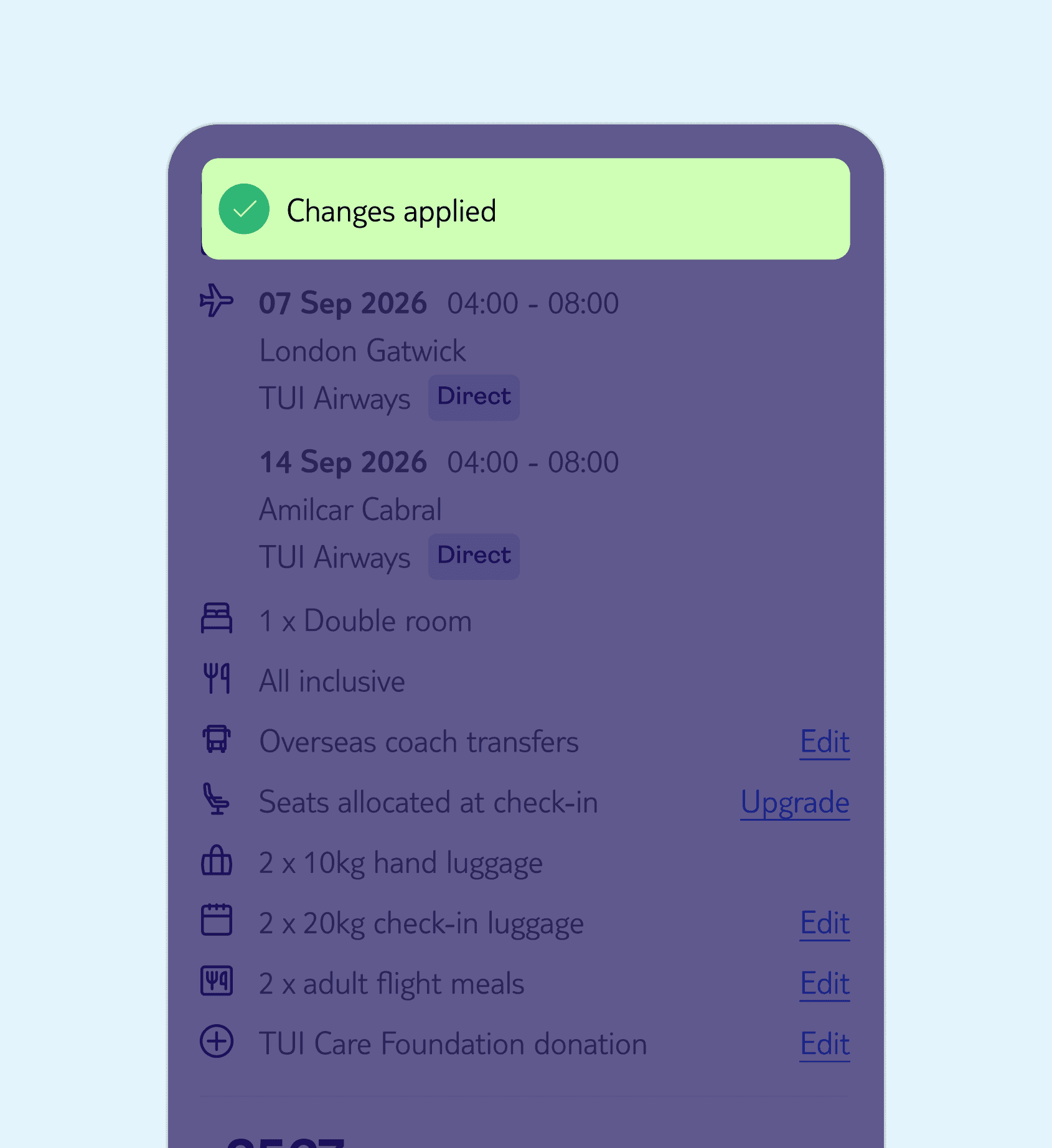Image of the holiday summary, showing the state when an item has been added or changed within a package.