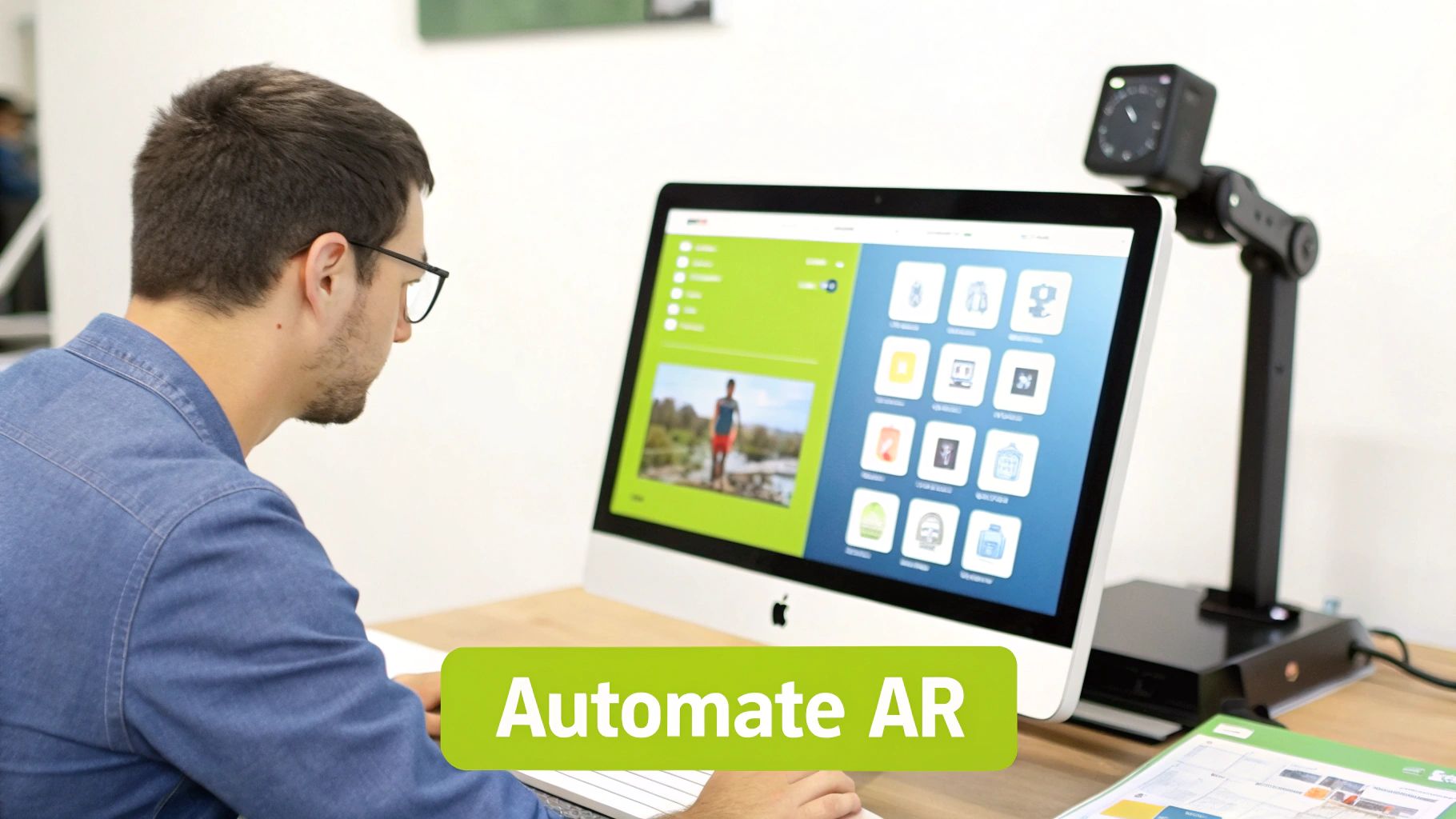 Person using augmented reality software on desktop computer with document camera for automated AR workflow