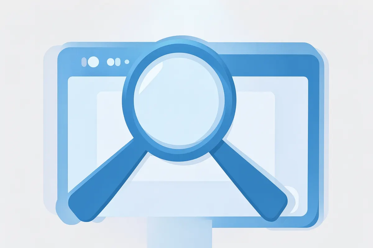 A close-up of a magnifying glass hovering over a website's search bar on a computer screen