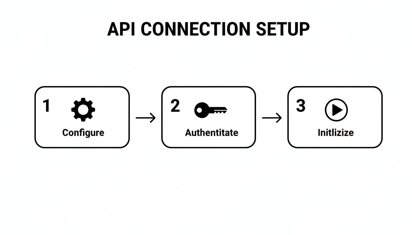 A three-step API connection setup process: Configure, Authenticate, and Initialize, shown with icons and labels.