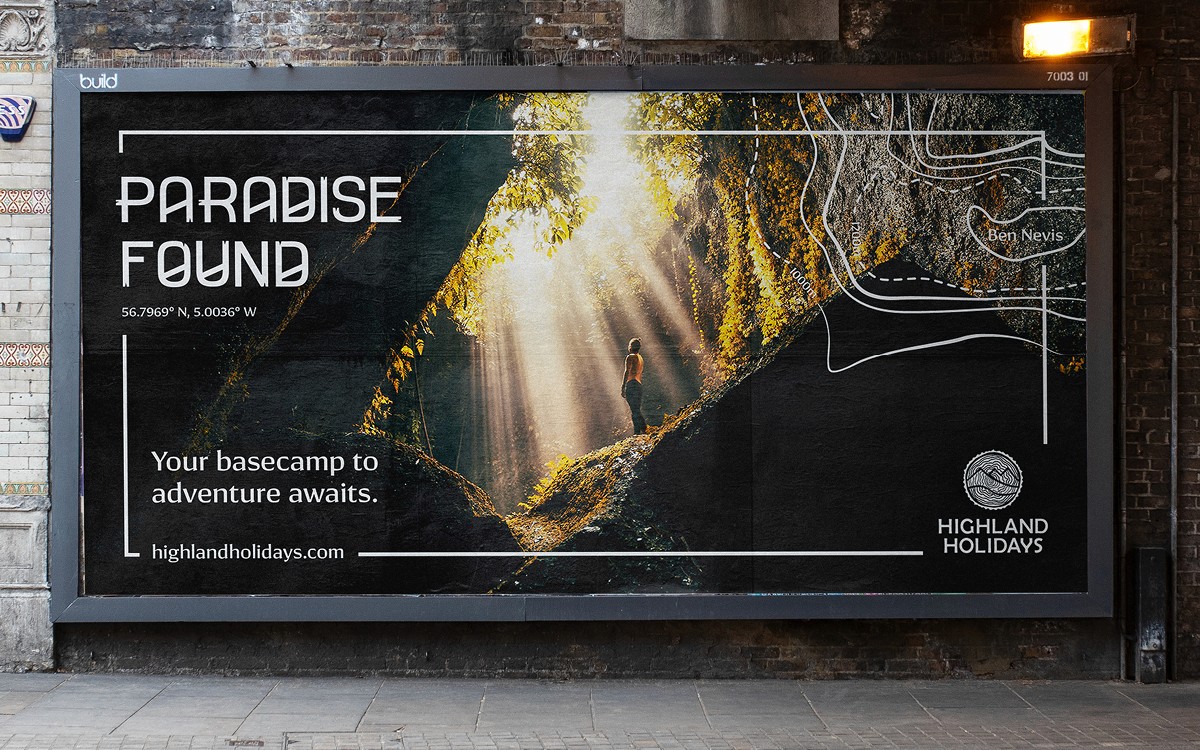Outdoor billboard with a man in a cave looing at the beams of sun rays