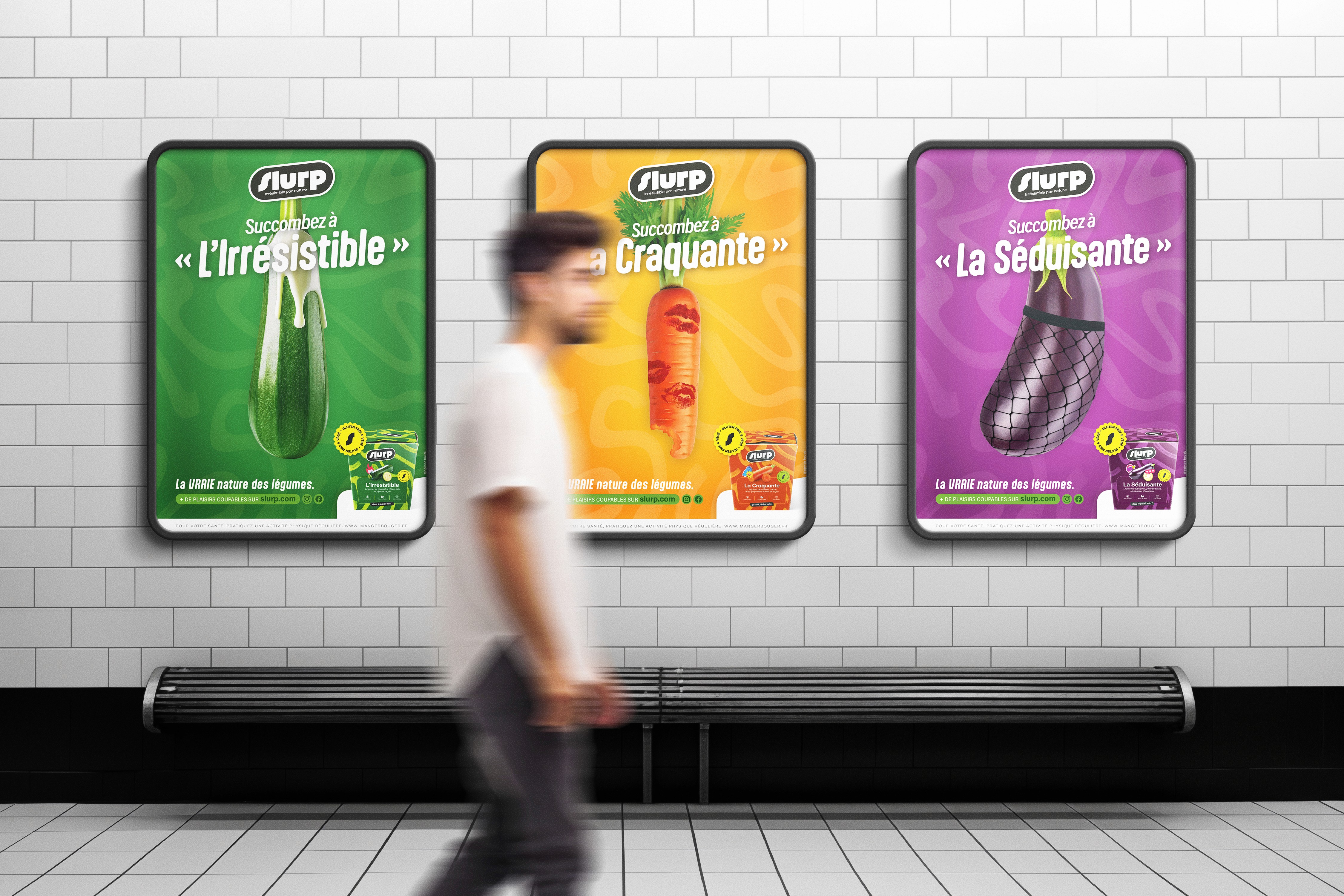Trio d’affiches publicitaires pour Slurp, visuels colorés et audacieux pour promouvoir les box repas