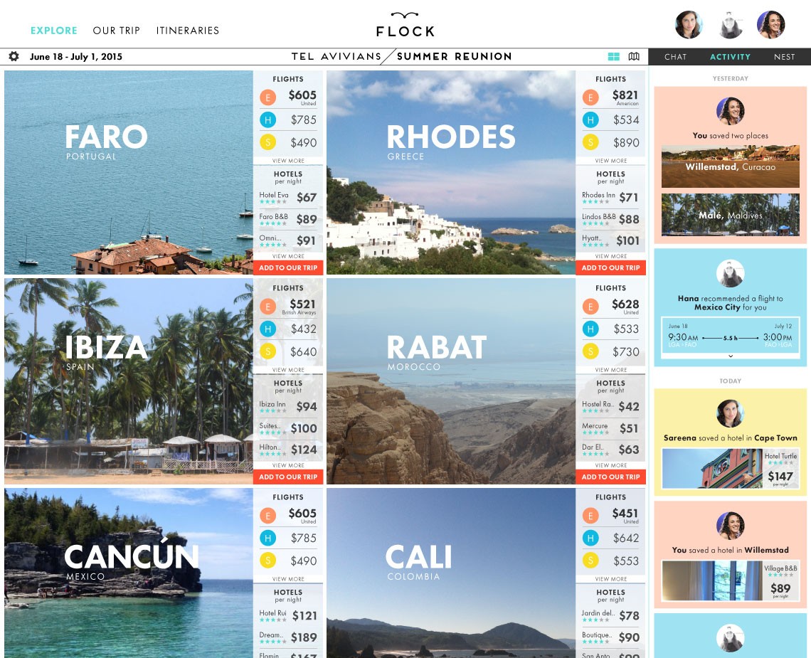 A screenshot of Flock’s Summer Reunion website displays a grid of travel destinations and packages. Top left shows “Faro Portugal,” top middle shows “Rhodes Greece,” top right shows “Willemstad, Curacao.” Middle left shows “Ibiza Spain,” middle shows “Rabat Morocco,” bottom left shows “Cancún Mexico,” bottom middle shows “Cali Colombia.” Bottom right shows “Sareena, Cape Town.” Each destination has pricing, flight information, and “EXPLORE” links.