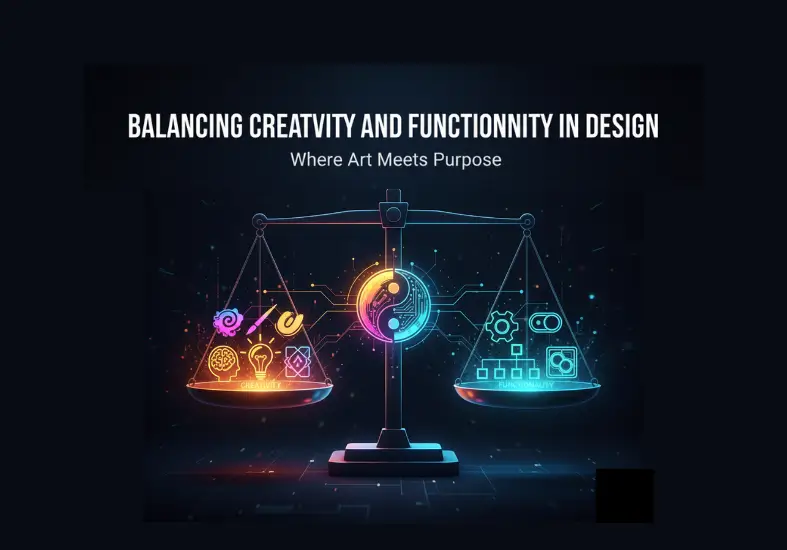 Balance creativity and functionality in design infographic. Glowing neon scale with AI brain icon center, weighing creative symbols (idea bulb, palette) on left against functional icons (gears, charts) on right. Digital design visualization showing how art meets purpose for professional designers by Mahendra web designer.