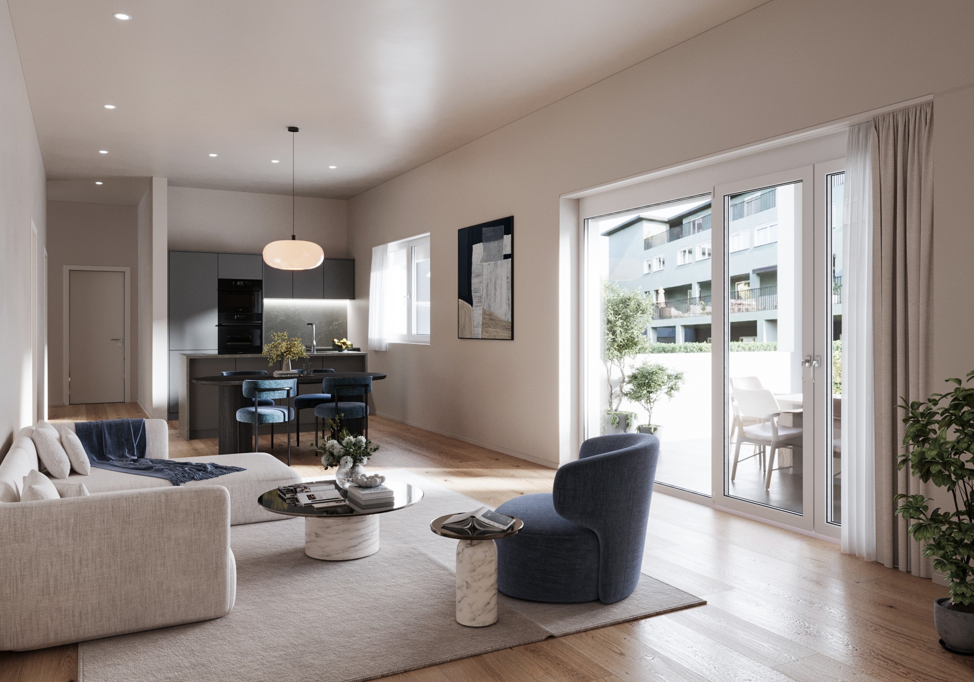 Spacious modern living room with large windows and furniture.