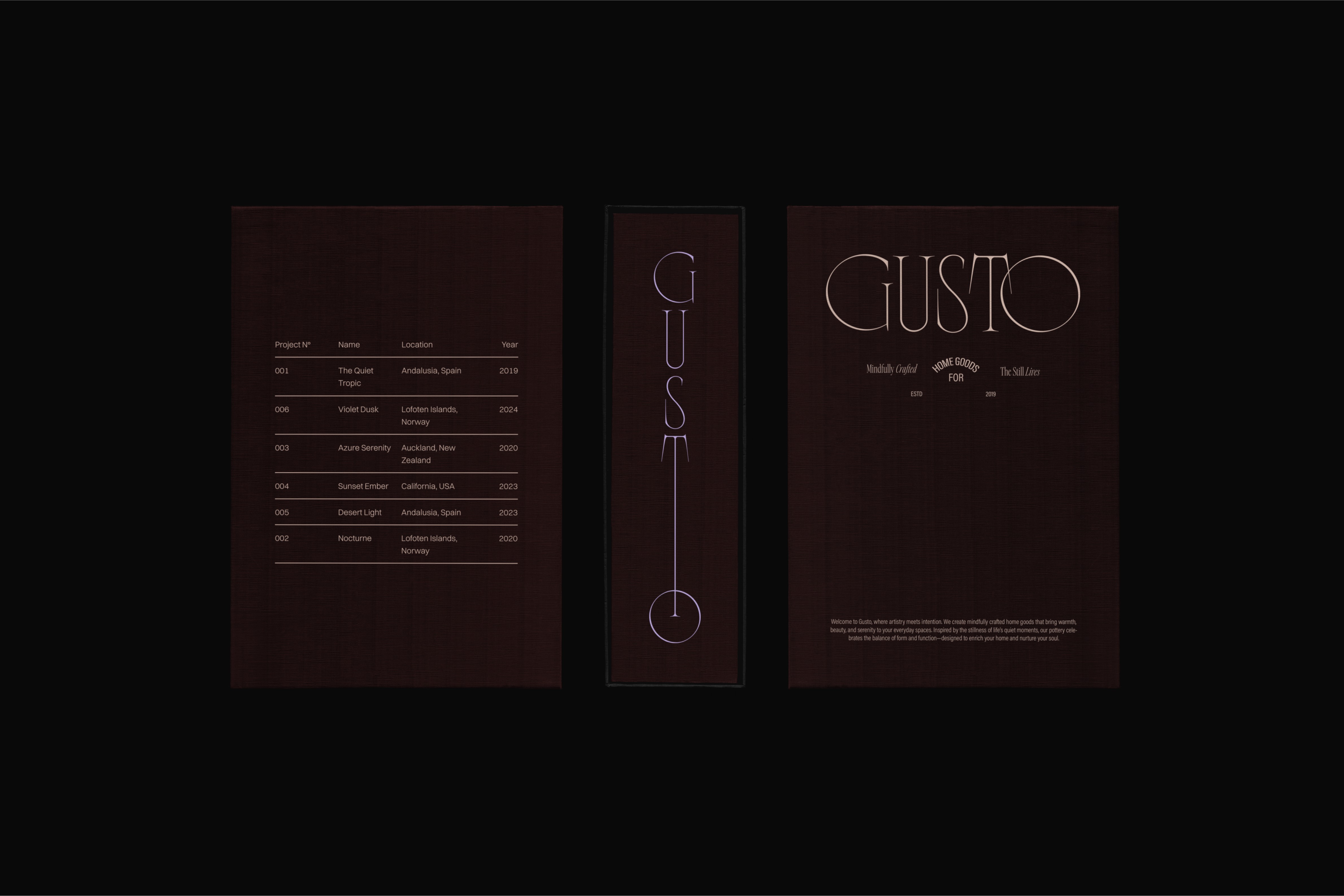 Project overview for Gusto, displaying a sleek layout with brand details, location, and timeline, reinforcing the brand’s meticulous design approach.