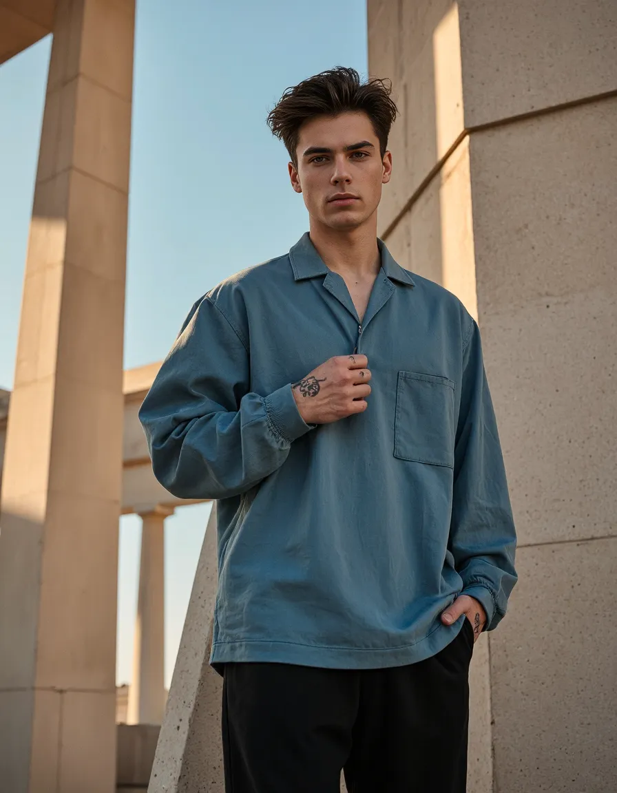 Fashion portrait in muted blue shirt against concrete architectural backdrop with golden hour lighting highlighting minimalist style