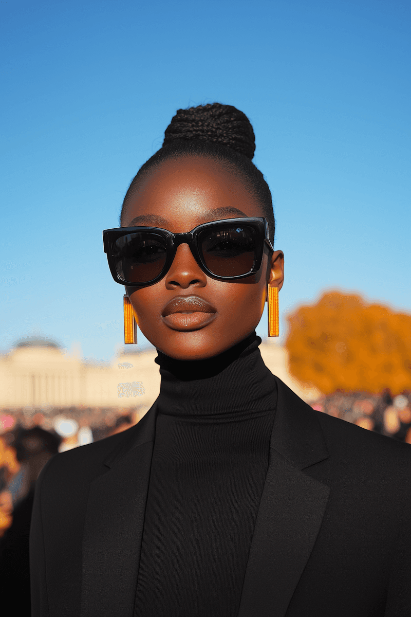Portrait of a woman with a high bun wearing large black sunglasses and yellow earrings.