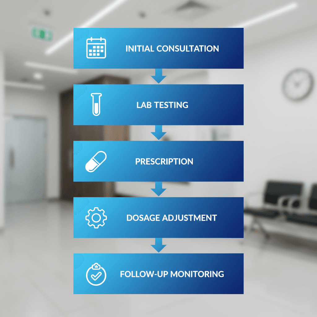 Vertical process flow illustrating five steps for managing hot flashes with hormone replacement therapy at HRMN Health in Meridian.