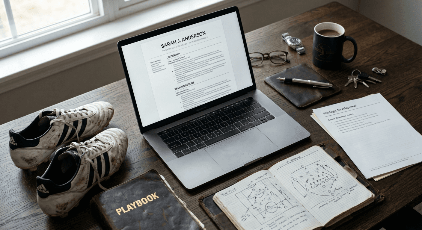 Table with laptop and cv open with sport equipments around 