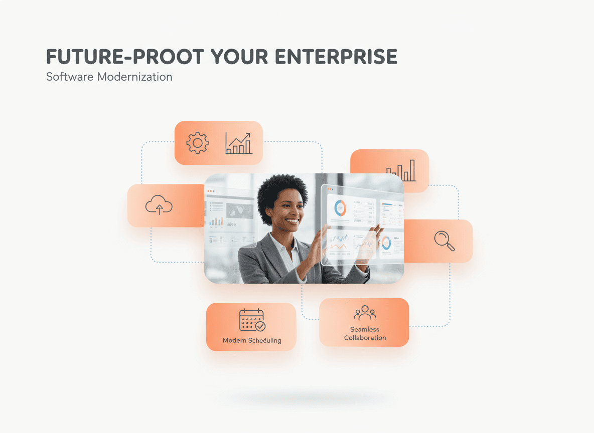 Modern enterprise software interface replacing legacy systems, showing clean SaaS dashboards and a business leader interacting with a user-friendly UI