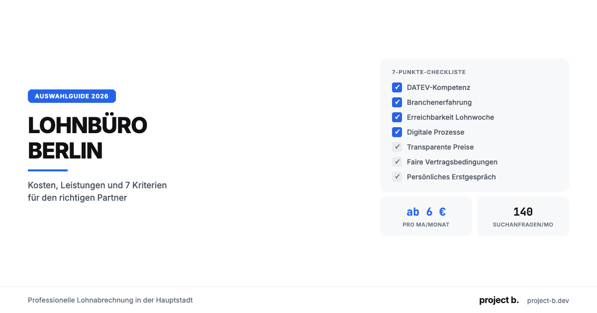 Infografik Lohnbüro Berlin: 7-Punkte-Checkliste zur Auswahl des richtigen Lohnbüros, Kosten ab 6 Euro pro Mitarbeiter 