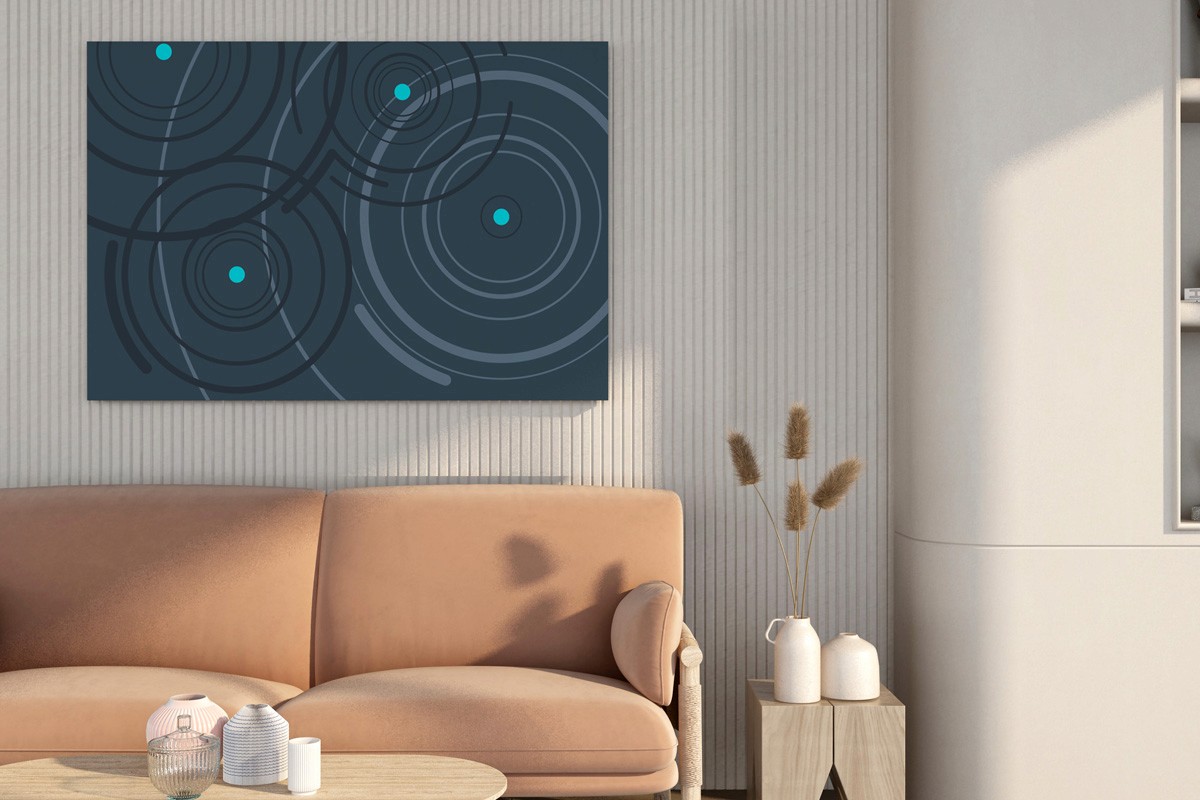 Teal pond geometric art above a sofa