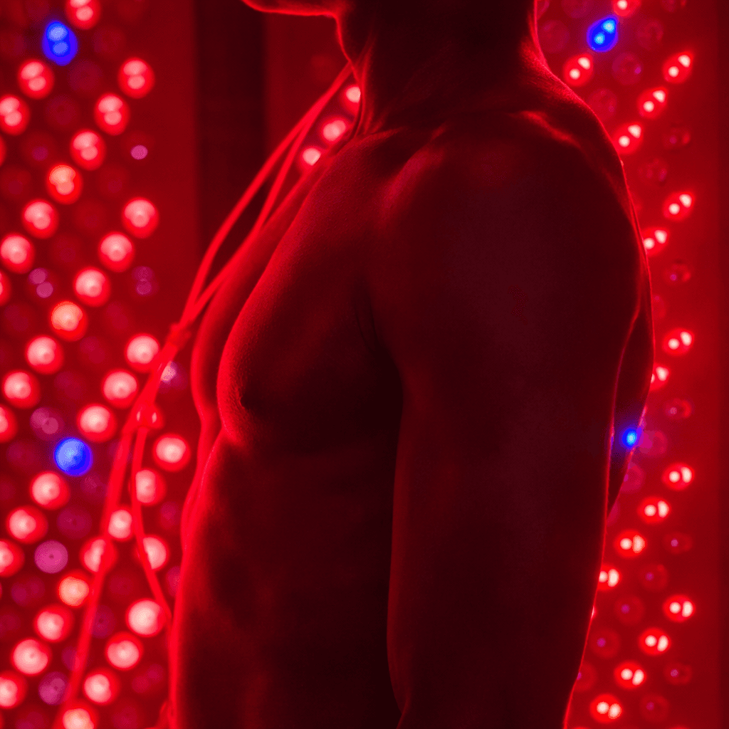 Patient infront of a red light therapy panel
