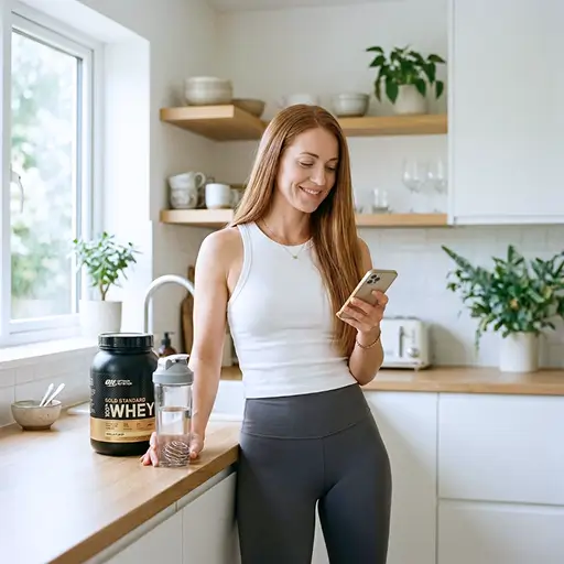 Woman in activewear standing in her kitchen checking her phone next to a protein powder tub, representing a Chemist Warehouse shopper who tracks supplement prices with Whisprice