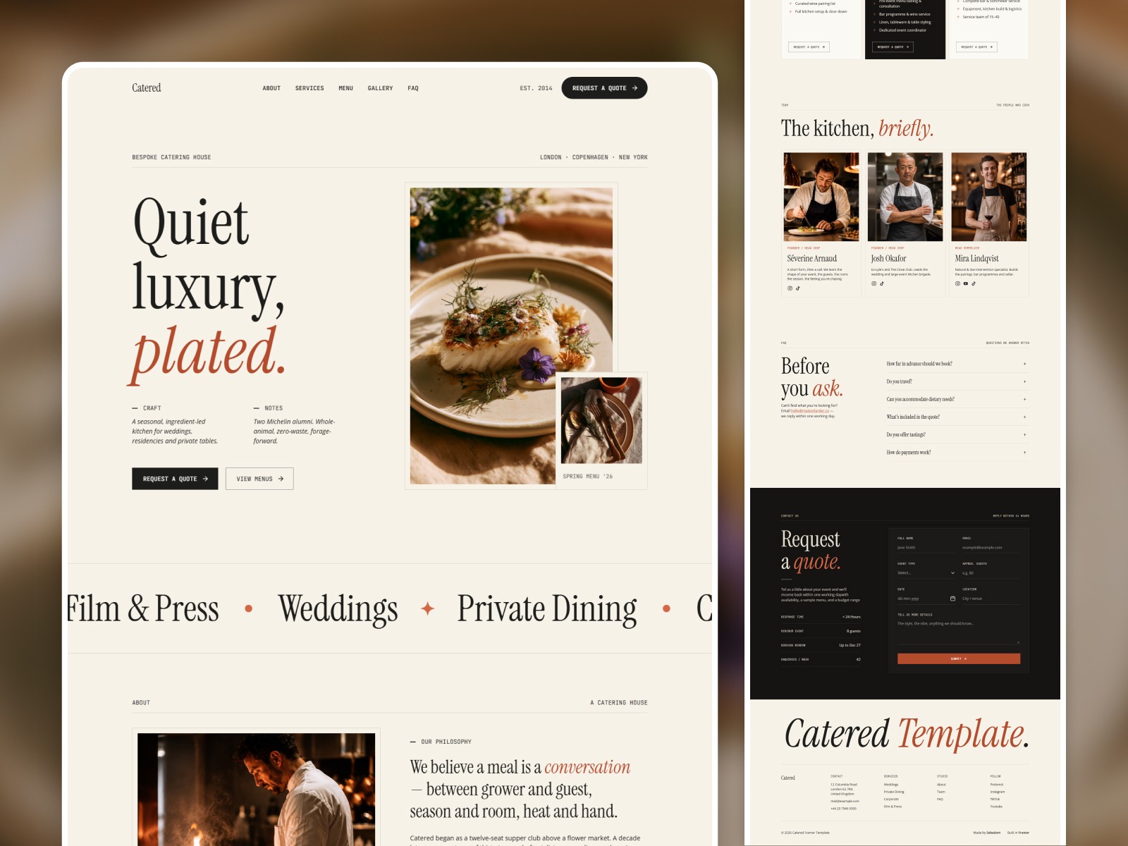Catered Framer catering template full page layout — hero, services marquee, about, team, FAQ, contact form and footer sections