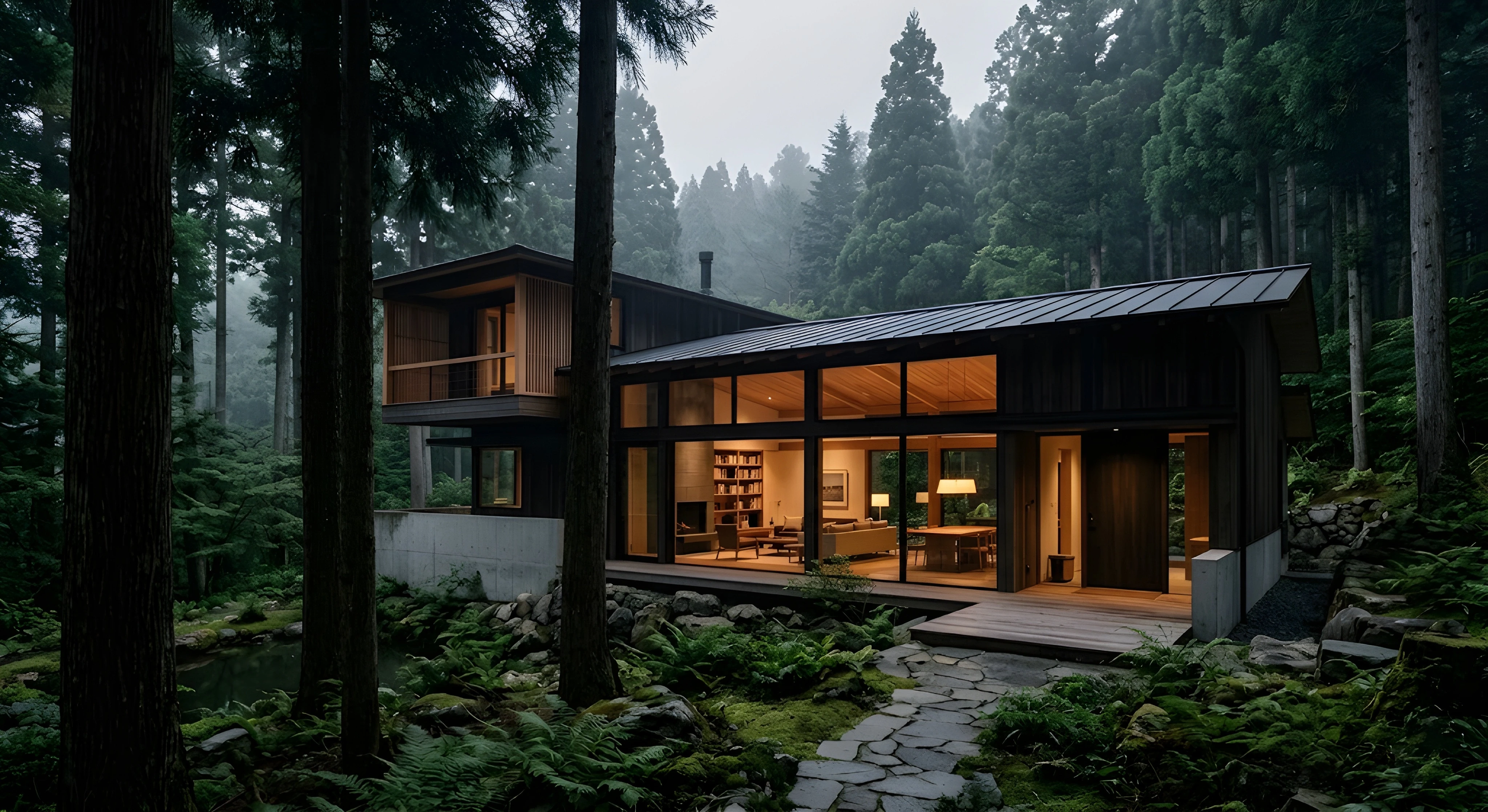 An exterior view of a modern, multi-level house nestled in a dense, misty pine forest. The structure features a dark wood and concrete foundation, expansive glass walls illuminating a warm living and dining area inside, and a stone path winding through moss and ferns in the foreground.