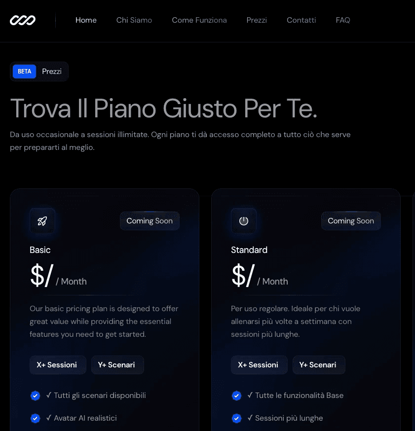 Sezione “Prezzi” – layout modulare con card traslucide e glow blu. Trasmette trasparenza e professionalità con un look tech-premium.