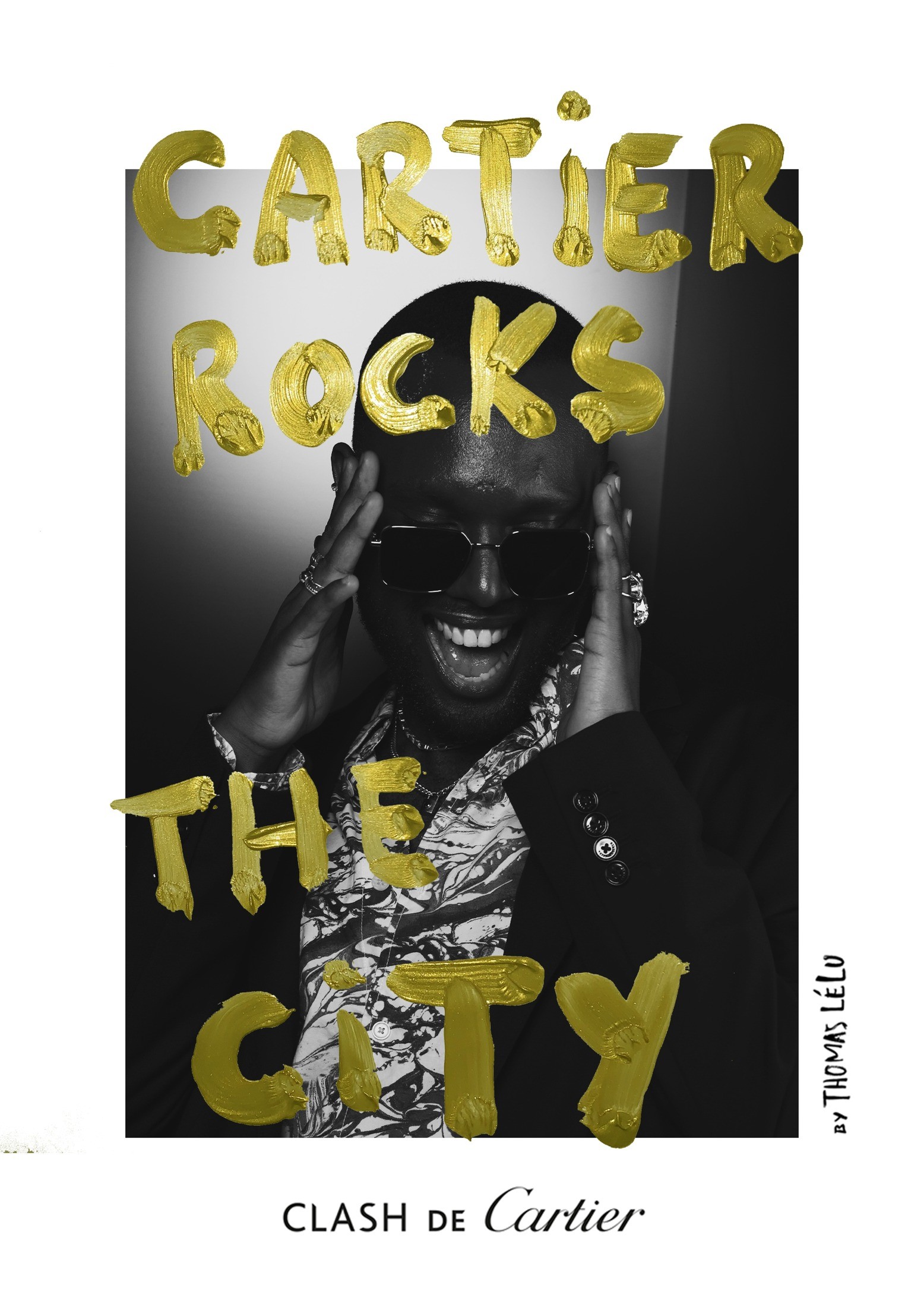 Black-and-white portrait with gold Cartier Rocks the City lettering