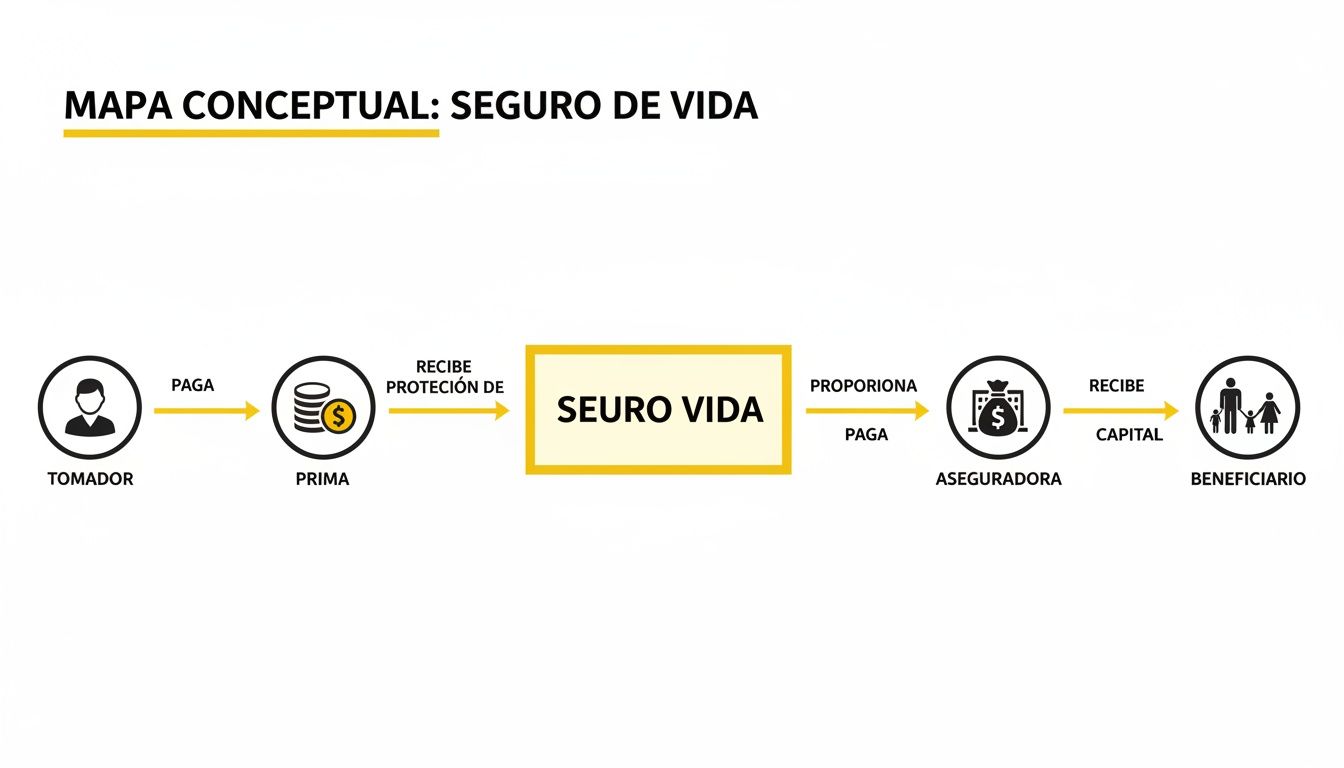 Mapa conceptual que ilustra el funcionamiento de un seguro de vida entre tomador, aseguradora y beneficiario.