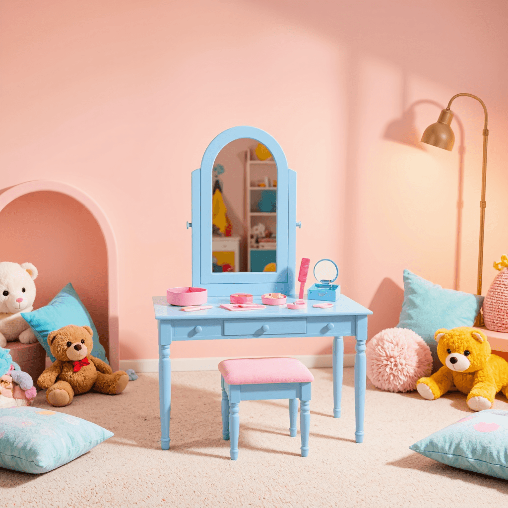 product photography of a children's vanity set with a mirror and accessories