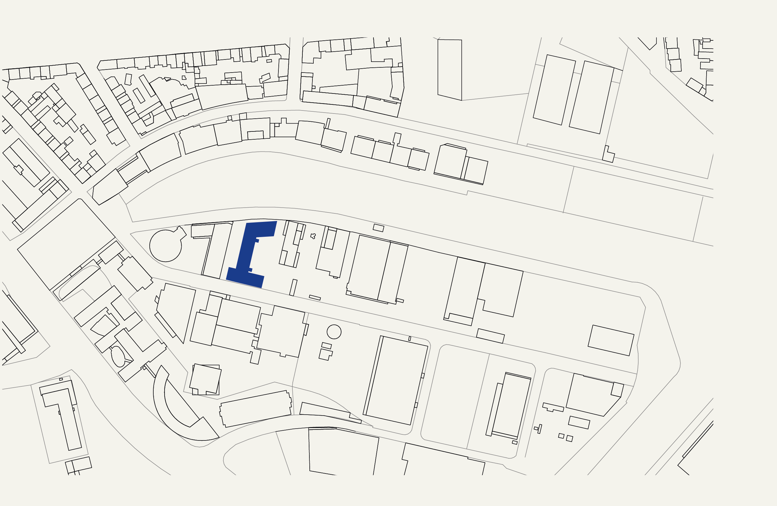 Isometrische Zeichnung eines Bauprojekts mit mehreren Gebäuden und markierten Strukturen in Rot