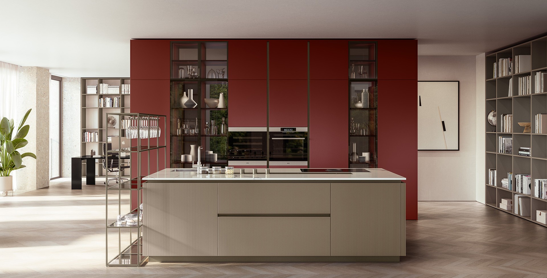Lounge Shellsystem Metallo Liquido Rosso Roma 699 / Vetro Cappuccino Canneté A3C