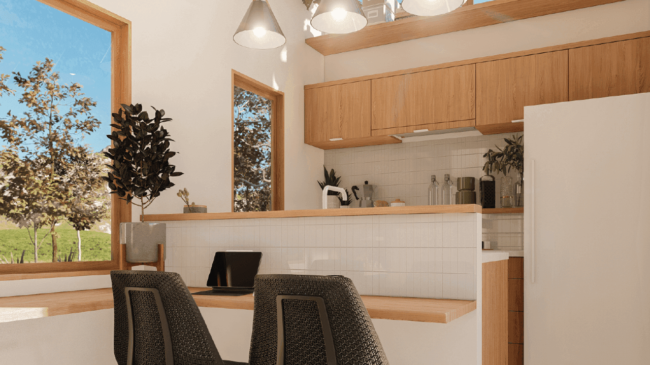 This tiny house features a modern bar-style dining space that can also be used as a comfortable workspace for studies or a home office.