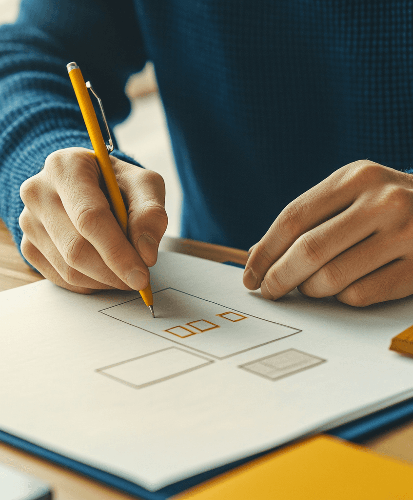 A person draws rectangles on paper with a pencil.