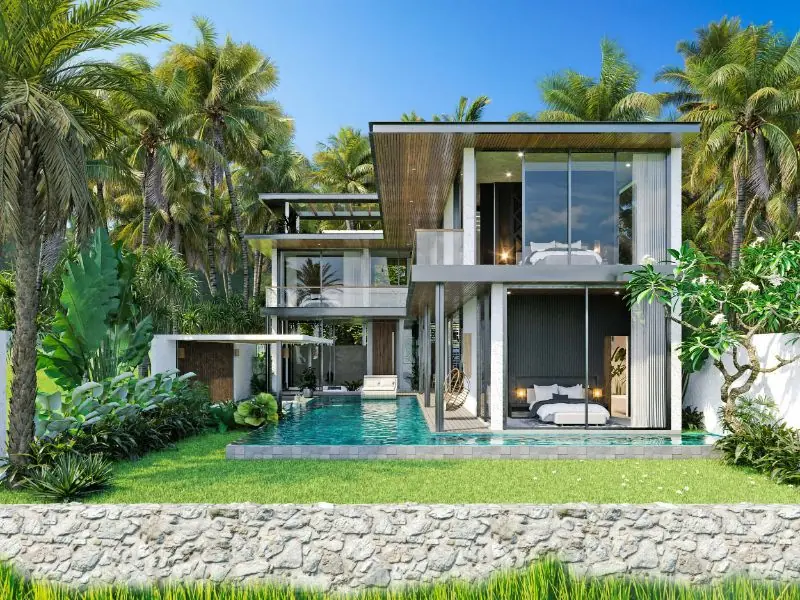Contemporary luxury home in Denpasar featuring sleek architecture and poolside lounging for high-end living.